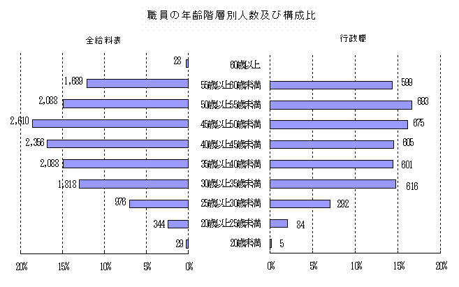 職員の年齢階層別人数及び構成比