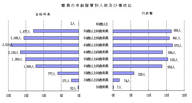 職員の年齢階層別人数及び構成比