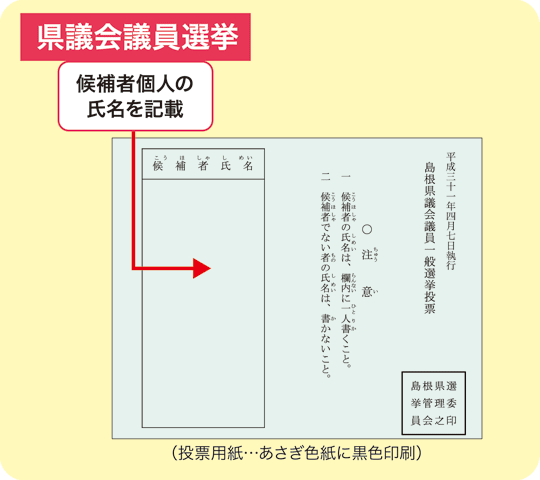 県議会議員選挙投票用紙（あさぎ色紙に黒色印刷）候補者個人の氏名を記載