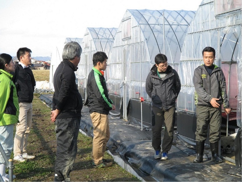 研修生を農業ハウスに案内する岸川さん