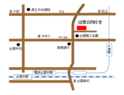 出雲合同庁舎の案内の地図。ＪＲ出雲市駅から北東約１．５キロメーターのところにあります。