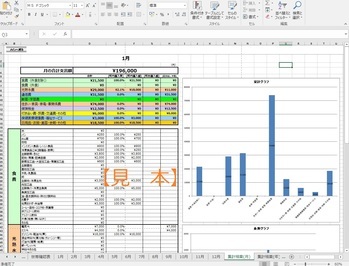 家計支出調査エクセルシートの結果表示画面。1か月ごと、または1年ごとに支出をグラフで表示するので、家計の状態を見直すのに便利です。