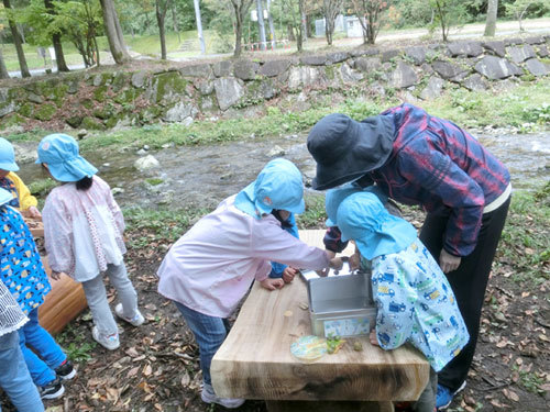 保育園の皆さんがベンチで集めたどんぐりを眺める様子