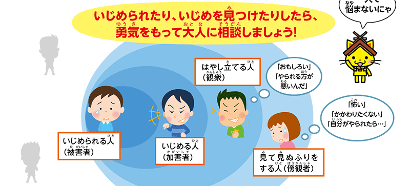 いじめたり、いじめを見つけたりしたら、勇気をもって大人に相談しましょう！