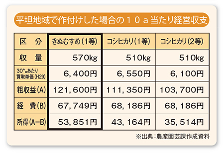 平坦地域で作付けした場合の10a当たり経営収支の表