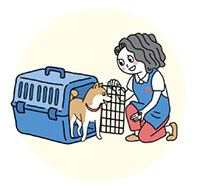 おやつにつられてケージから出てくる犬のイラスト