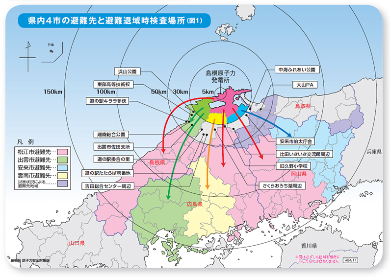 県内4市の避難先と避難退域時検査場所の地図（図1）