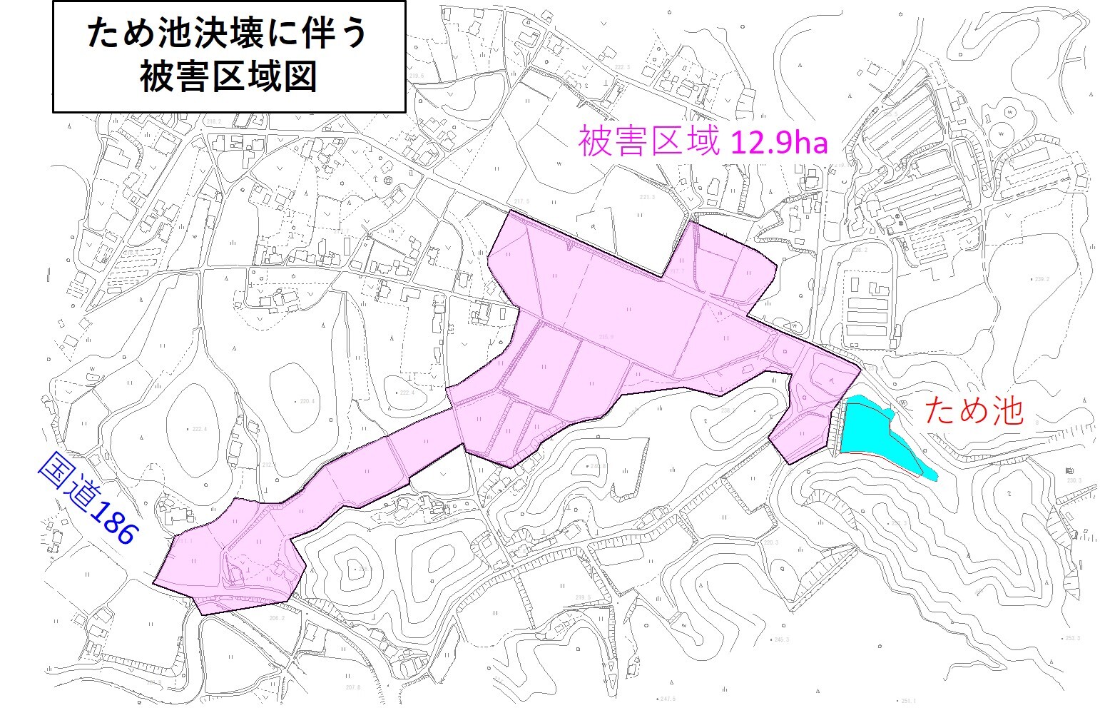 長迫堤地区のため池決壊に伴う被害区域図