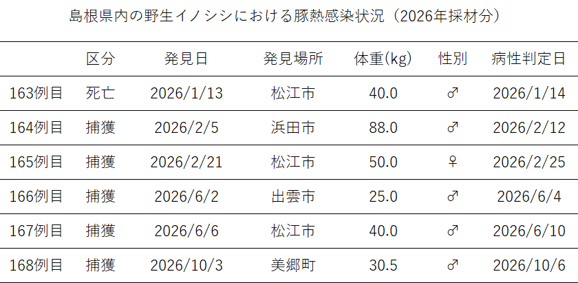 島根県内の野生イノシシにおける豚熱感染状況(2026年採材分)