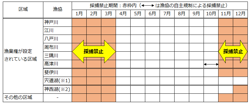 ニホンウナギの採捕の禁止期間及び区域一覧表