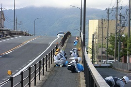跨線橋歩道の除草作業の様子
