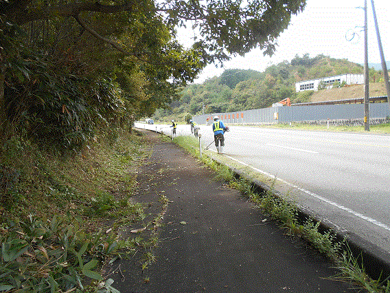 道路沿いの草刈りの様子