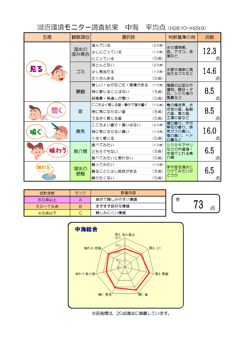 中海全体の各調査項目の平均点とグラフ