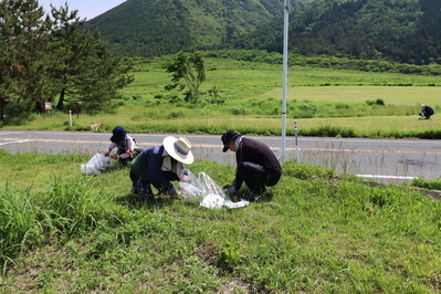 三瓶をバックに外来植物除去