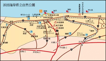 浜田海岸県立自然公園の交通、公共施設マップ