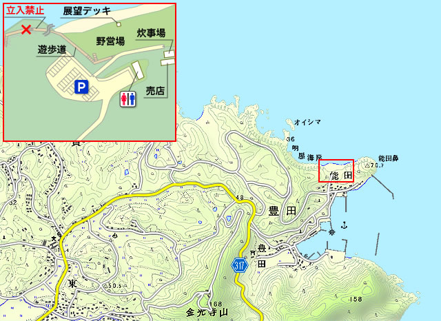 明屋海岸と周辺地図