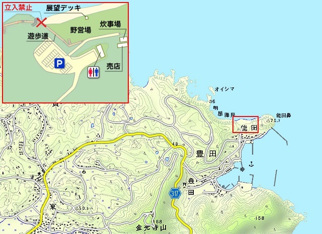 明屋海岸と周辺地図