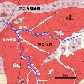 鬼の舌震周辺の地質図の写真