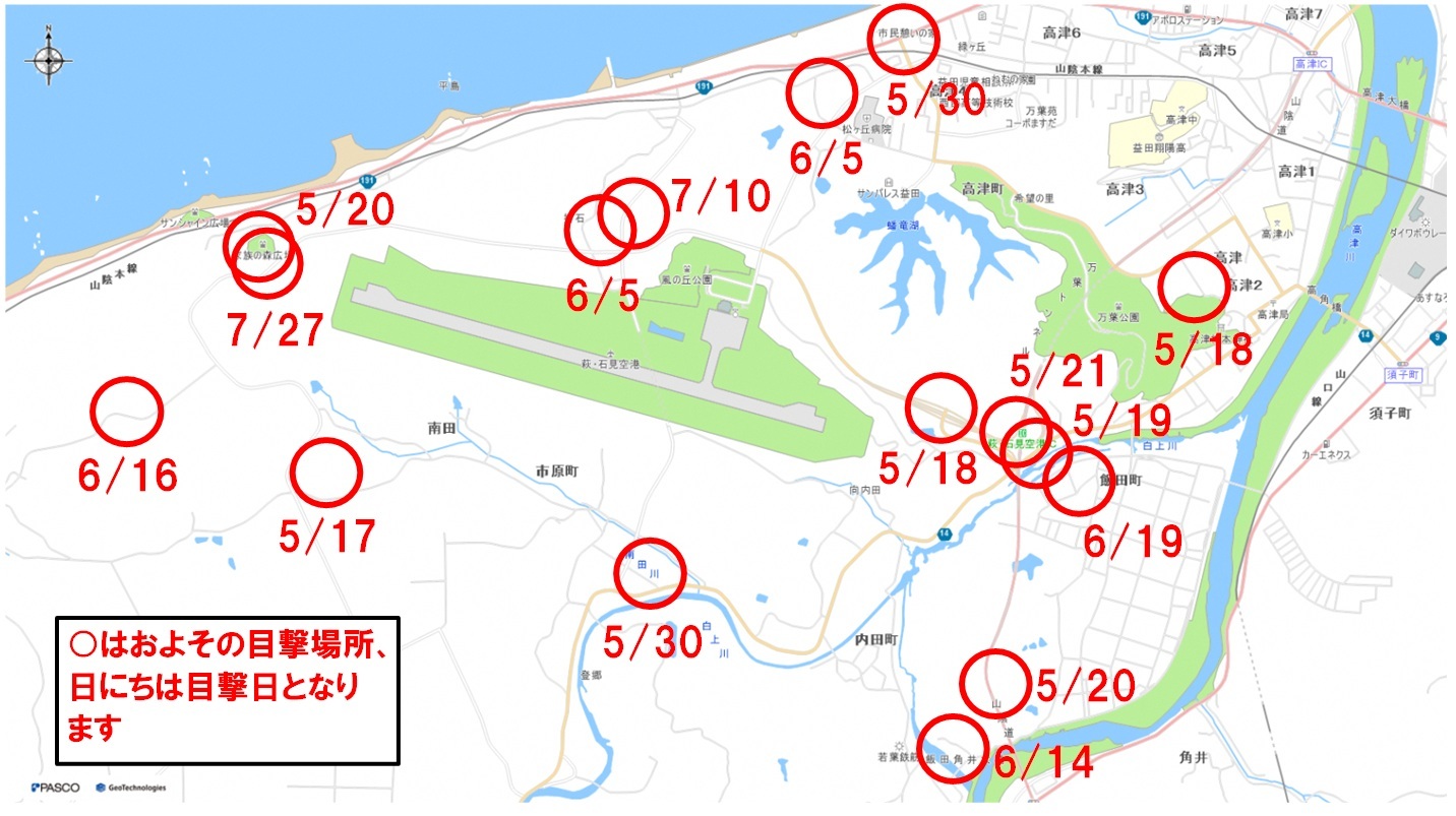 2026年8月3日現在の石見空港周辺でのクマ出没情報のマップ