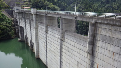 上流側から見た御部ダムと緑色のみやび湖湖面の写真です。