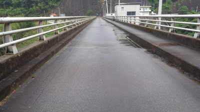 雨にうるおう御部ダムの天端道路の様子