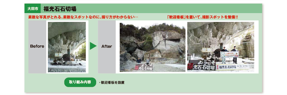 事例）大田市福光石石切場歓迎看板を置いて、撮影スポットを整備