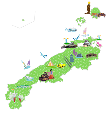 島根県の地図上に各地域の観光地や特産品などの魅力的なもののイラストを表示しています。