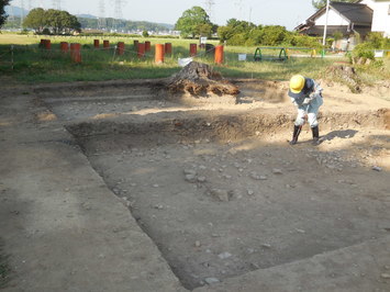 国庁の中心建物である正殿の南側で石敷き遺構が見つかりました。1