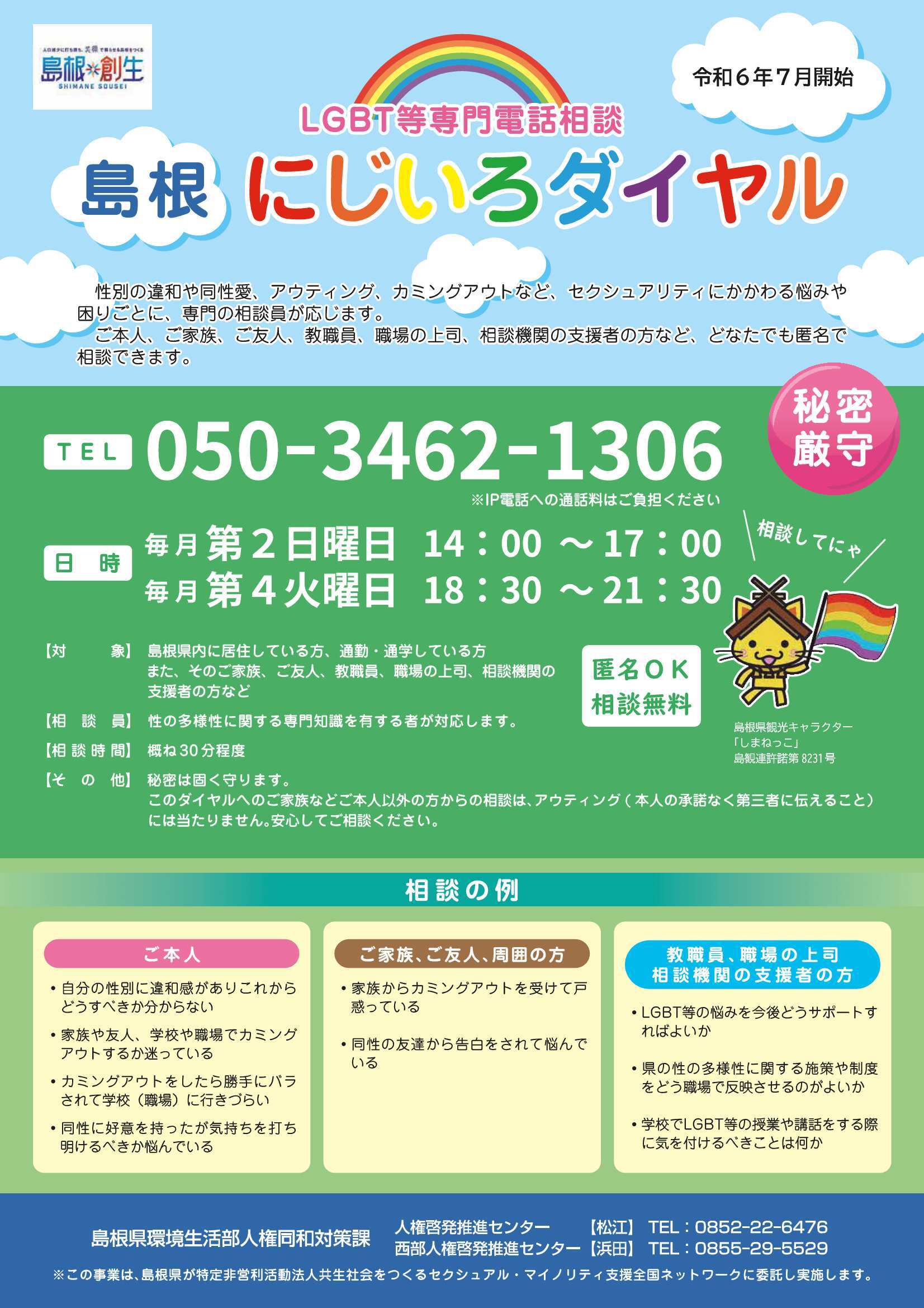 LGBT等専門電話相談島根にじいろダイヤルちらし（表）