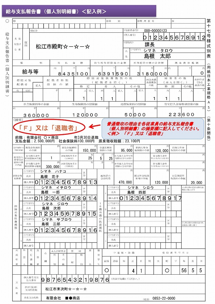 給与支払報告書（個人別明細書）記入例