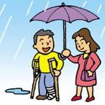 イラスト：松葉杖は、雨の日でも傘がさせません。