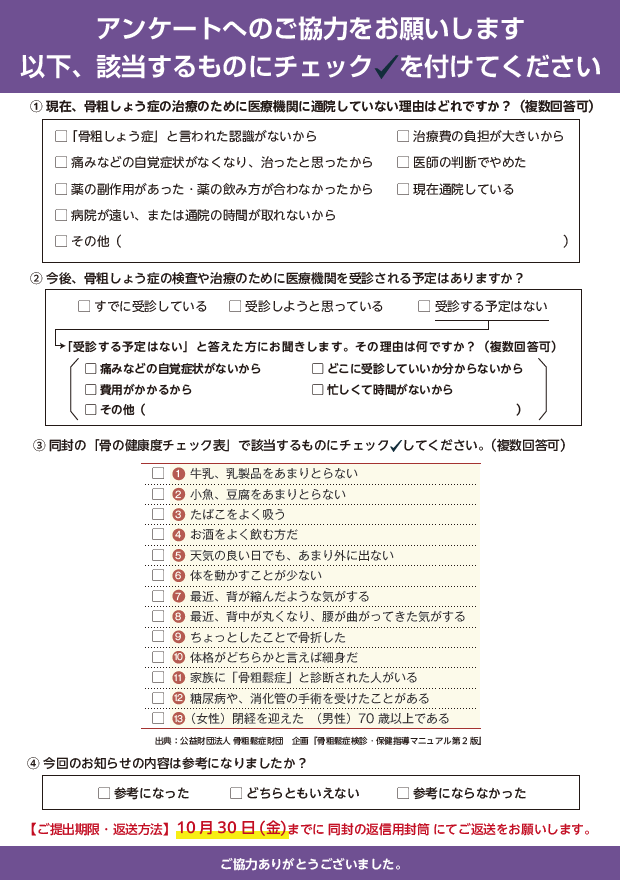 過去に骨粗しょう症の治療を受けていた方へのアンケート
