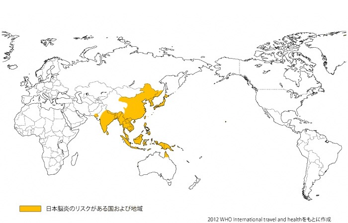 日本脳炎のリスクのある国を色で示した図で、日本も含まれています。