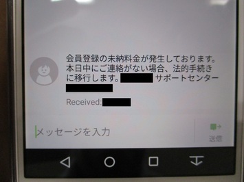 携帯電話に送られてきた詐欺のショートメール画面